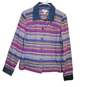 Appleseeds womens southwestern striped denim trim silver button jacket size med